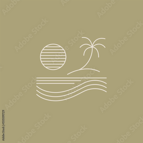 Clean and elegant linear landscape design featuring tropical elements like a palm, ocean waves, and a house under the sun. Ideal for sustainable living themes and nature-inspired visuals.