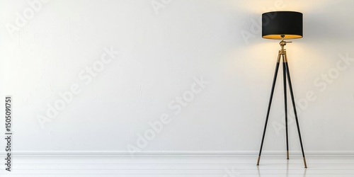 Tripod base floor lamp in black and gold on white background
