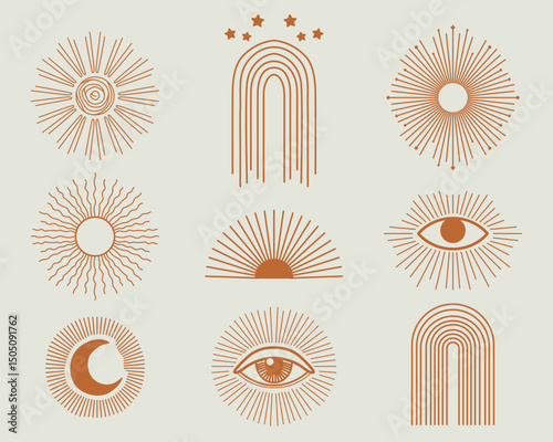 Boho mystical vector icons in terracotta tones featuring celestial symbols like the sun, moon, stars, eyes, and rainbows. This spiritual and minimalist line art set is ideal for modern branding