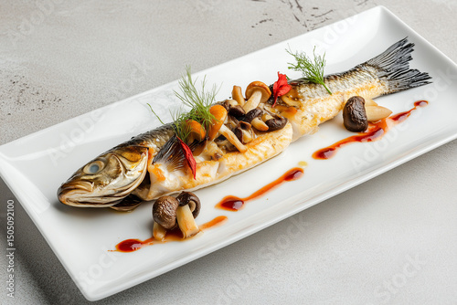 Stuffed Chicken Rolls with Mushrooms. Stuffed chicken rolls with mushrooms on a plate. Ideal for cooking blogs, recipe books, or gourmet dining promotions.
