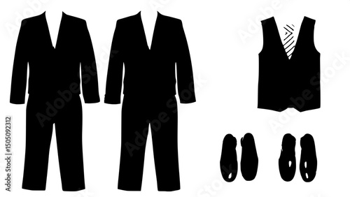 "Clean, symmetrical product layout showcasing formal menswear essentials: black suit, trousers, vest, white shirt, gold-striped tie, and polished black shoes. Each item is isolated and precisely posit