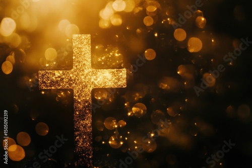 Golden bokeh lights surrounding a cross, symbolizing faith and spirituality.