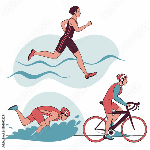 Summer Surfing Triathlon Vector Illustration—Cartoon Woman and Child Riding Ocean Waves