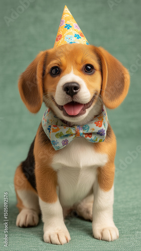 Cute Beagle Puppy Wearing a Party Hat and Bowtie on White Background