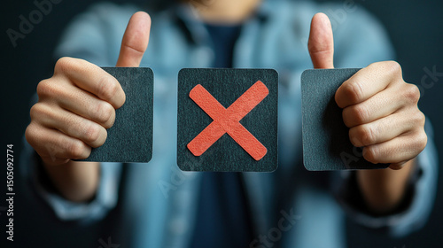 A person holding three square cards with thumbs up and a red x symbol in the middle card