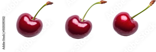 Three glossy red cherries on black