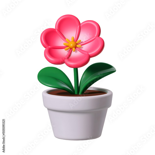 3d Pink flower in pot icon isolated on transparent background. 3d rendering Cartoon plastic style. PNG file, cut out