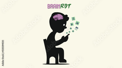 Brainrot vector illustration there's a boy are looking at  the smart phone with rotten brain , Internet and social media make brainrot. sosial media issue, mental health impact