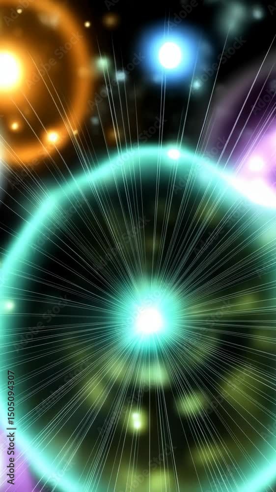 Abstract particle burst animation with blue orb, bright glowing light and vibrant colors, space background