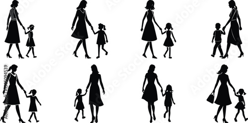 Family mom and children walking and playing together with kids silhouettes set collection.