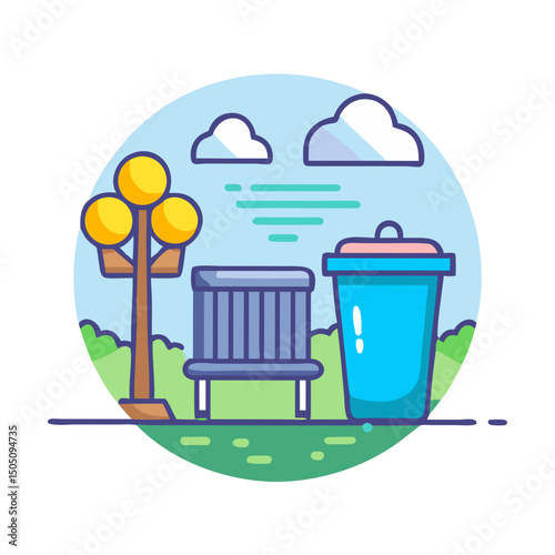 Trash Can in Park Icon – Outdoor Waste Bin, Public Cleanliness Symbol