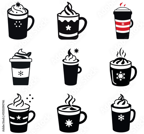 Holiday Coffee Cup Icons with Whipped Cream and Festive Designs