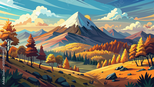 Scenery with trees on the hill bathed in dappled light, showcasing a forested mountain landscape in autumn season. Majestic Borzhava ridge appears in the distance under cloudy sky.