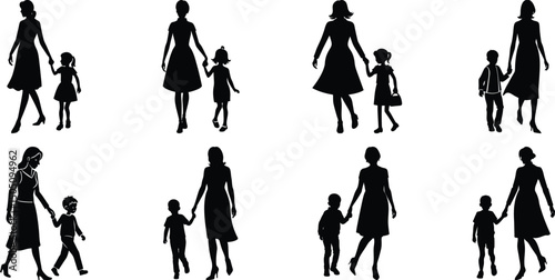 Family mom and children walking and playing together with kids silhouettes set collection.