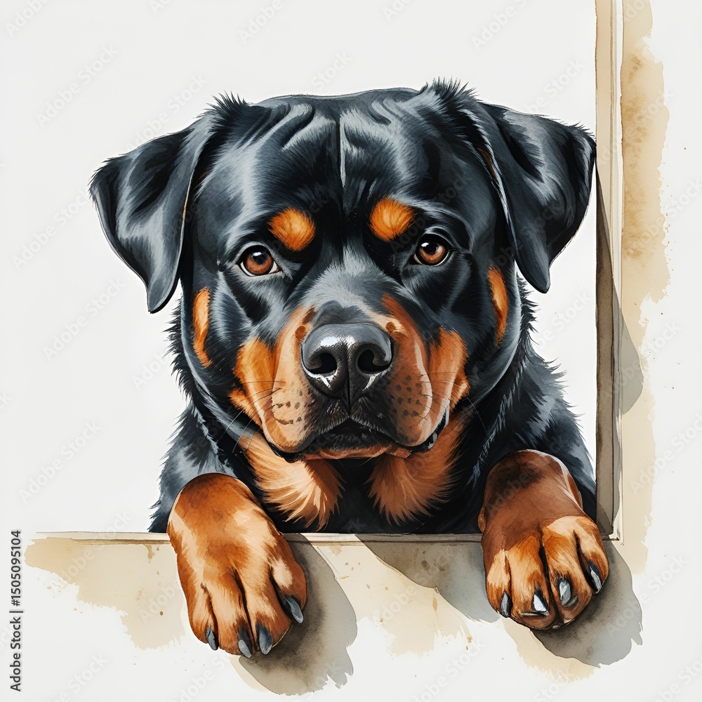 Rottweiler Dog Peeking Out Window - Watercolor Painting Rottweiler Dog Peeking Out Window - Watercolor Painting