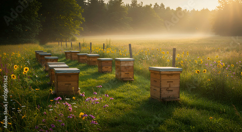Idyllic morning scene of bee hives amidst wildflowers in a misty meadow landscape