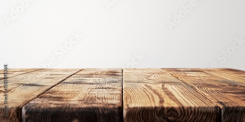 Wooden dining table with rustic finish on white background