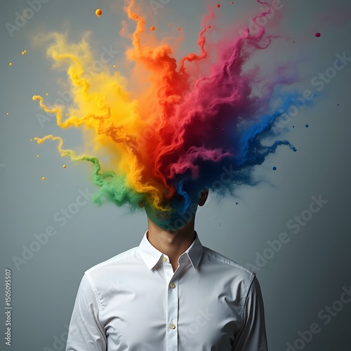 Faceless person in white shirt transforming into cosmic colorful explosion of dynamic swirling paint