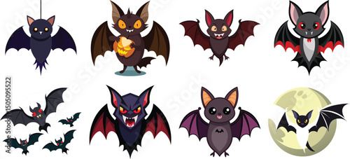  Halloween Bat Vector Bundle 8 Flying  Cute Bats in Flat Style Isolated on transparent background