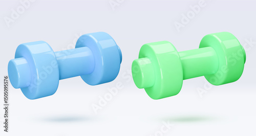 Blue and green Dumbbell Realistic icon, 3d render. Isolated on white backround. Sport And Fitness design set. Vector illustration for shop, flyer, banner, web, advertising, sale