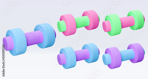 Blue, green, pink, purple, violet Dumbbell Realistic icon, 3d render. Isolated on white backround. Sport And Fitness design set. Vector illustration for shop, flyer, banner, web, advertising, sale