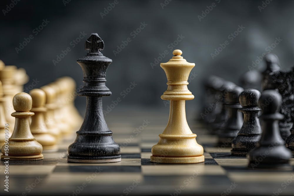 A chess board with white and black chess pieces on it, a wooden chessboard, the photo taken from the side of the field. A chess board with white and black chess pieces on it, a wooden chessboard, the photo taken from the side of the field.