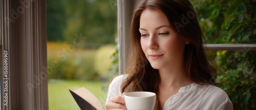 A woman enjoys a hot drink and a book by the window, surrounded by greenery and natural light.