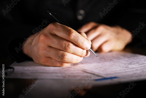 ** Businessperson Signing Document with Pen in Dim Light, Close-Up Office Work