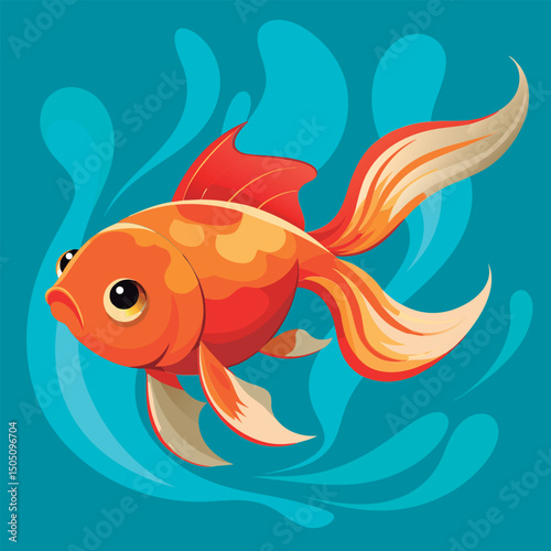 Cute cartoon goldfish in water.