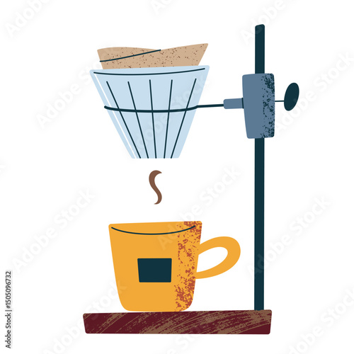 Pour over brewing setup with coffee dripper stand, filter coffee vector illustration, minimal kitchen scene with brewing accessories and cup. Flat cartoon icon, making coffee method