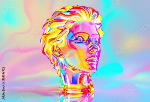 Futuristic Vibrant Glass Head Sculpture with Neon Light Effects and Abstract Hair on Gradient Background