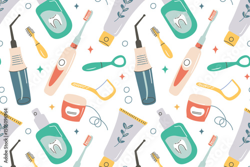 Seamless pattern with dental care accessories, vector illustrations of toothbrushes, toothpaste tubes, floss, tongue scraper, interdental brushes, mouthwash bottles, and irrigators. Flat cartoon style