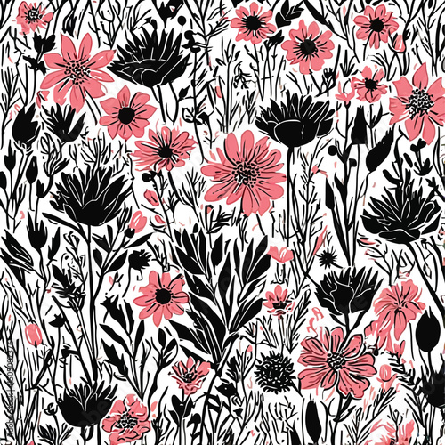 Colorful Wildflower Field Watercolor Illustration with Black Ink Outlines Botanical Floral Art on White Backgroun