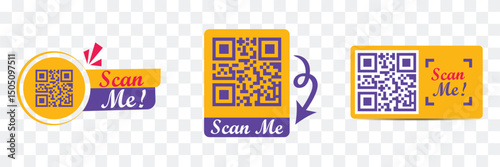 QR code color icon set. Digital scanning of qr code. Barcodes with text scan me. QR Code Ready to Use Isolated On White and transparent Background. Vector illustration.