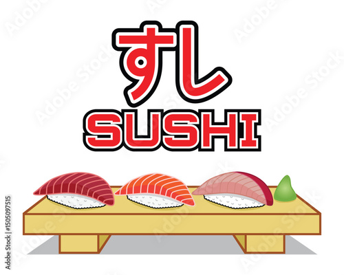 Illustration vector three kinds of fish sushi Japanese foods with Japanese text meaning sushi