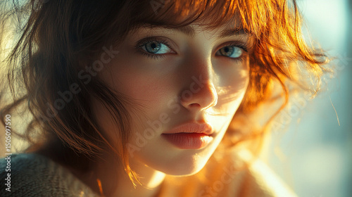 Close up portrait of a beautiful woman with red hair and striking blue eyes looking at the viewer