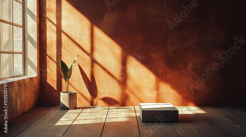 Warm room with sunlight streaming through window casting shadows on wall and wooden floor with plant and box