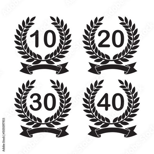Laurel Wreath Anniversary Vector Icon Set, Vector black laurels set. Foliate laurels branches with ribbons. Laurel wreath silhouette. Trophy crest. Greek olive branch award, winner round emblem