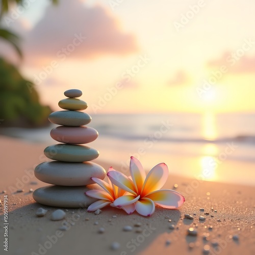 Meditative beach scene with balanced stones, blooming flowers, warm light, and shimmering water reflections