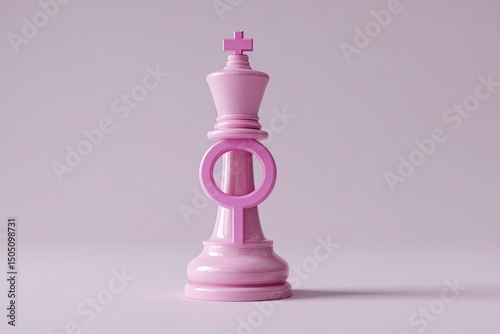 3D rendering of a pink chess queen piece on top of the female symbol, isolated against a purple background. 