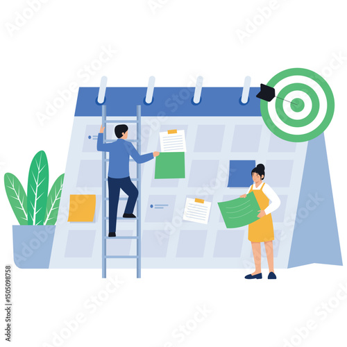 Action Plan Illustration. Vector illustration of Two team members managing a large calendar by attaching notes and aiming for project goals. Isolated on background