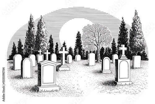Engraving Cemetery with tombstones, crosses, and trees isolated on white background.