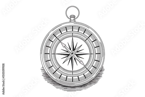 Engraving of a vintage compass isolated on white background, a navigational instrument