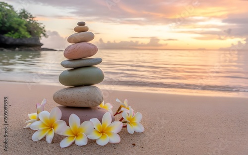 Serene sunset beach with stacked stones, white plumeria blossoms, and shimmering golden ocean photo