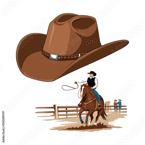 A rodeo horse rider in a brown leather cowboy hat and a white shirt with a black vest. The rider is holding a rein and is riding a bucking horse. The background is a wild west culture scene