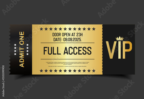 Concert, party or festival gold VIP pass design template admit design template 