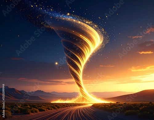 Golden sand tornado with glowing particles.A swirling funnel of sand and light rising into the sky
