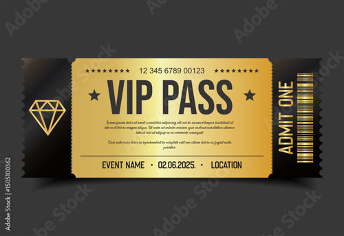 Concert, party or festival gold VIP pass design template admit design template 