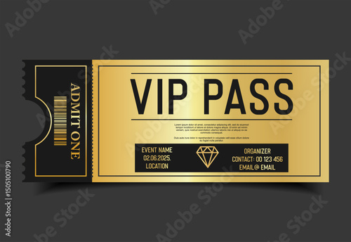 Concert, party or festival gold VIP pass design template admit design template 