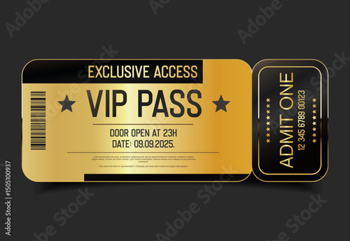 Concert, party or festival gold VIP pass design template admit design template 